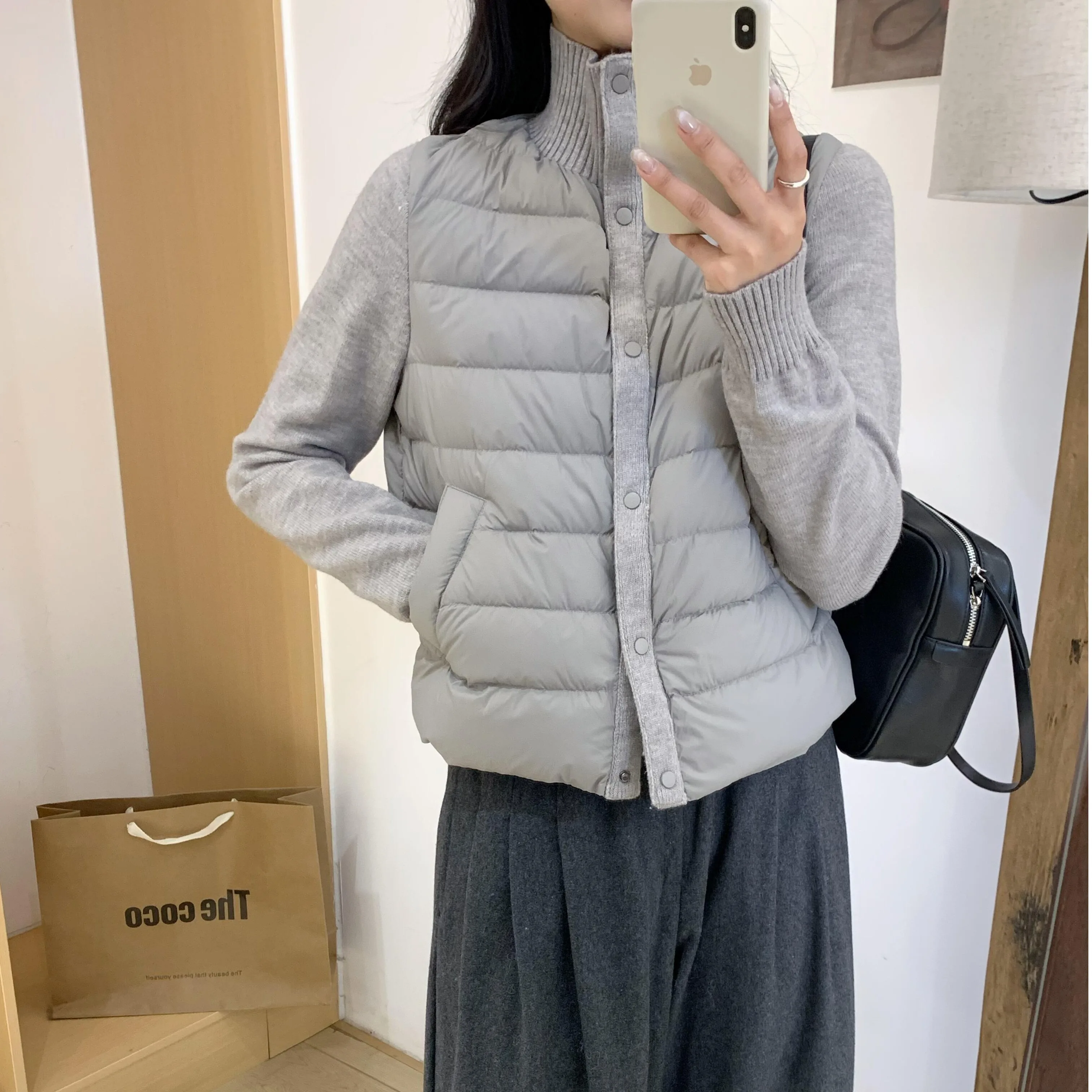 Women's Knitted Short Lightweight Stand Collar Patchwork Base Layer Winter Jacket Sweet Style Slim Fit Long Sleeve Casual Coat