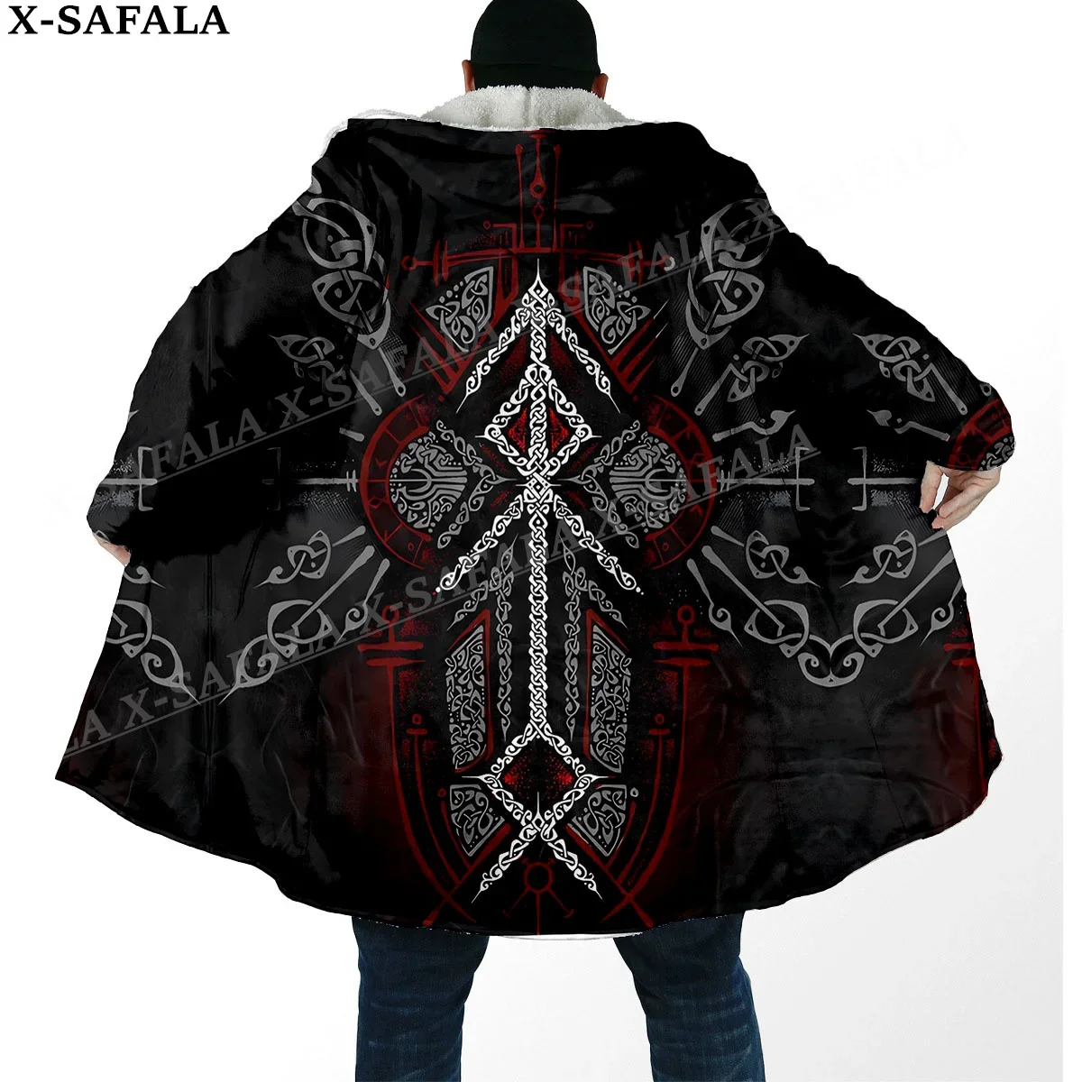 Norse Mythology Vegvisir Viking Symbol Thick Warm Hooded Cloak Men Overcoat Coat Windproof Fleece Cape Robe Hooded Blanket-10