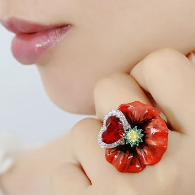 Red Flower Jewelry Set Series Trendy Rose Flower Zircon Earrings Necklace Ring Jewelry Set For Women Wedding Jewelry