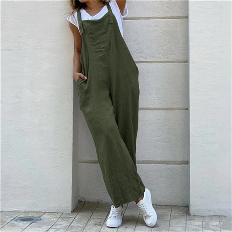 Jumpsuit musim panas untuk wanita warna Solid Jumpsuit celana panjang kasual saku kancing kaki lebar tali Jumpsuit longgar baju monyet overall