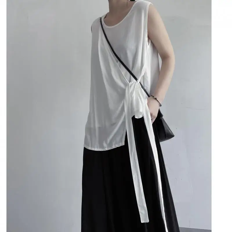 Tannt Women T Shirt Asymmetrical Bandages Sleeveless Oversize T Shirt Women Black White Loose Casual Long Women Tshirt 2023 New