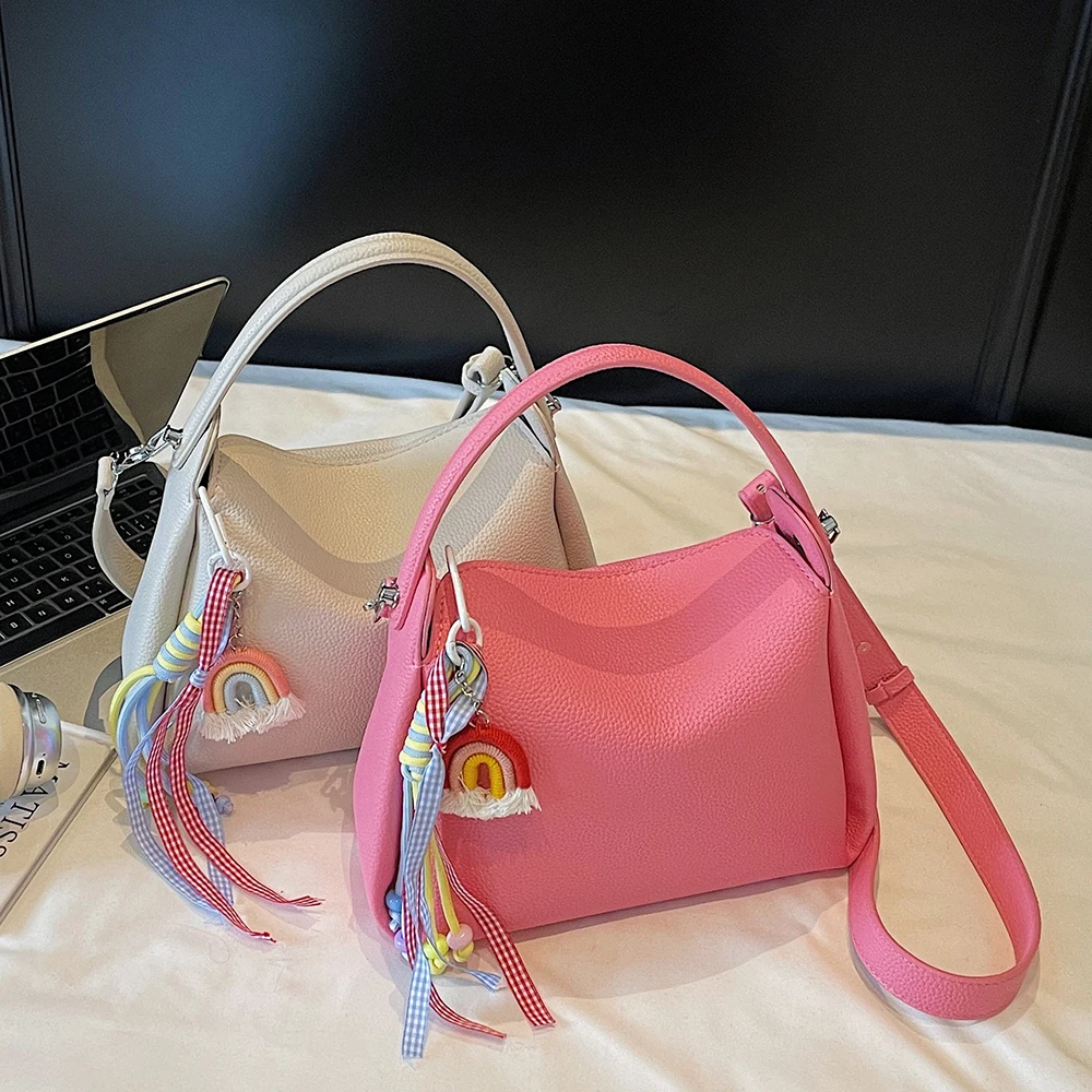 

Small Hand-held Crossbody Bags Women Fashion Rainbow Pendant Bucket Single Shoulder Bag 2025 Luxury Designer Lady Daily Handbag