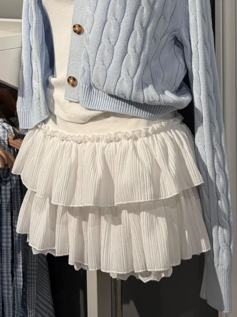 

White Ruffles Multi-layer Mini Skirts Woman Spring High Waist Cotton A-line Short Faldas Female Preppy Style Solid Sweet Skirt