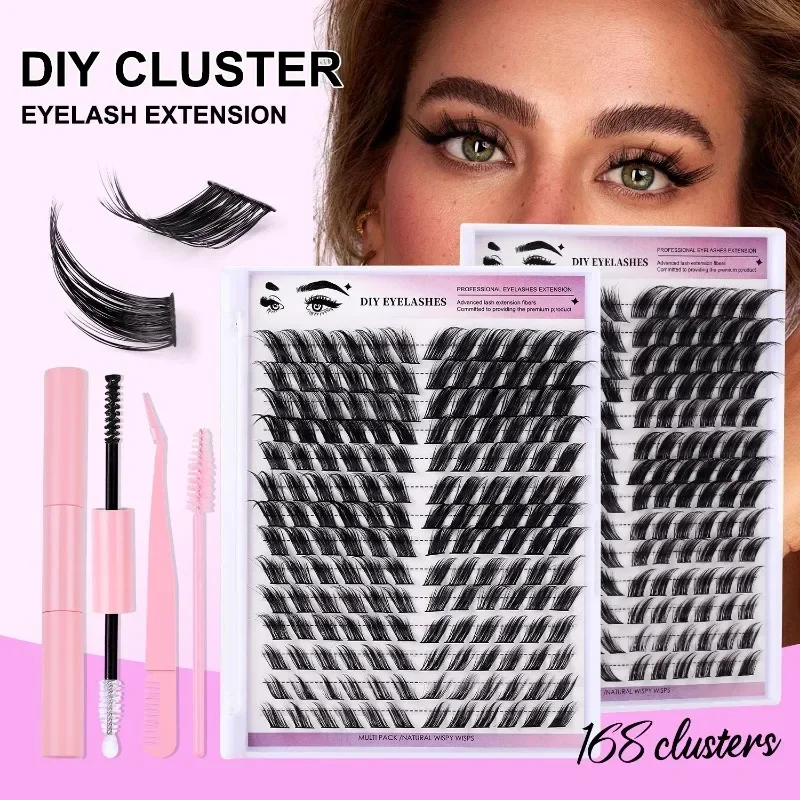 DIY Cluster Eyelash Extensions Kit com Bond e Seal Glue Set, cílios individuais, D Curl, Ferramentas de maquiagem para profissionais, 168pcs