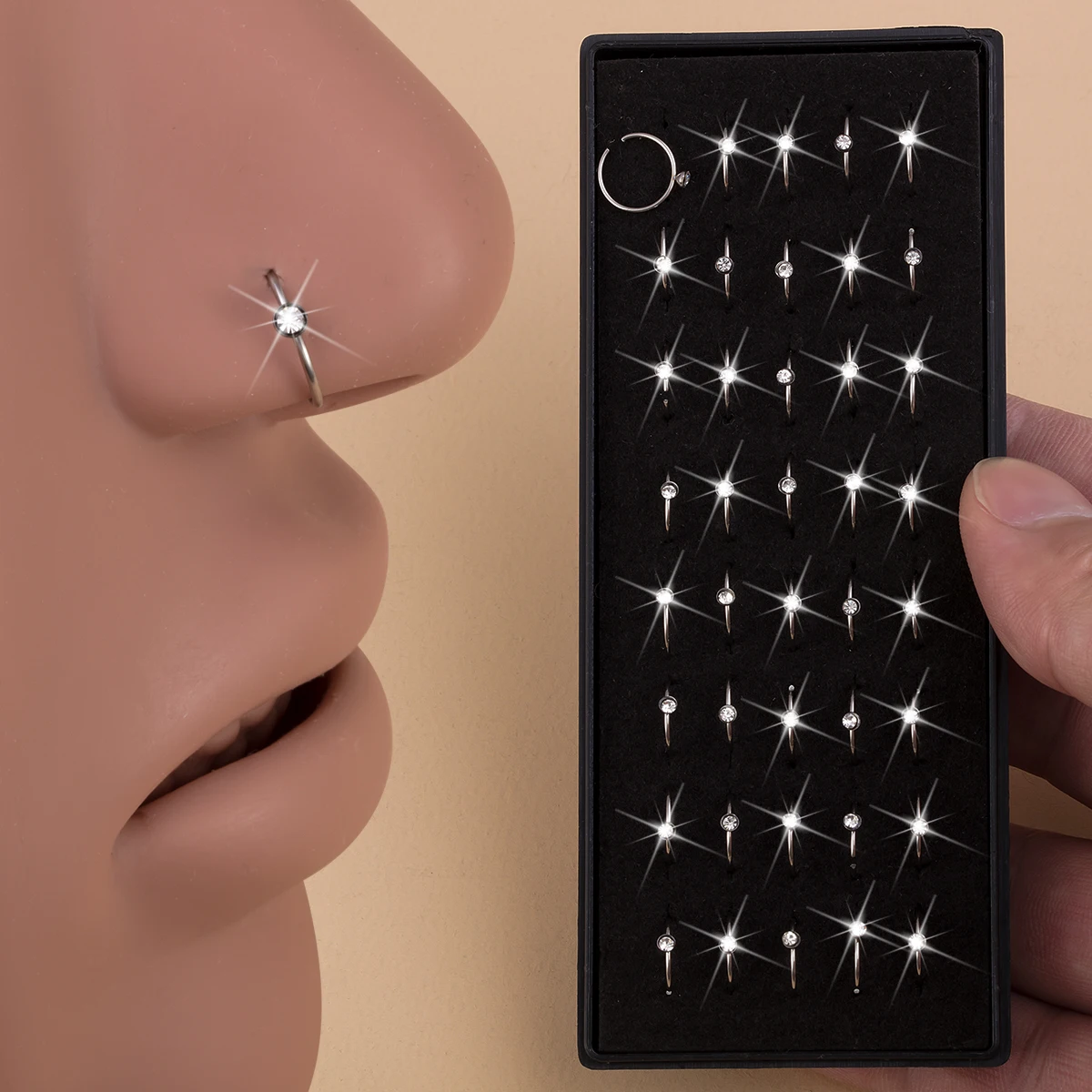 40pcs/Box Rhinestone Nose Rings Stainless Steel Nostril Piercing Jewelry Nose Hoop Ring 8mm Cartilage Tragus Daith Earring Jewel