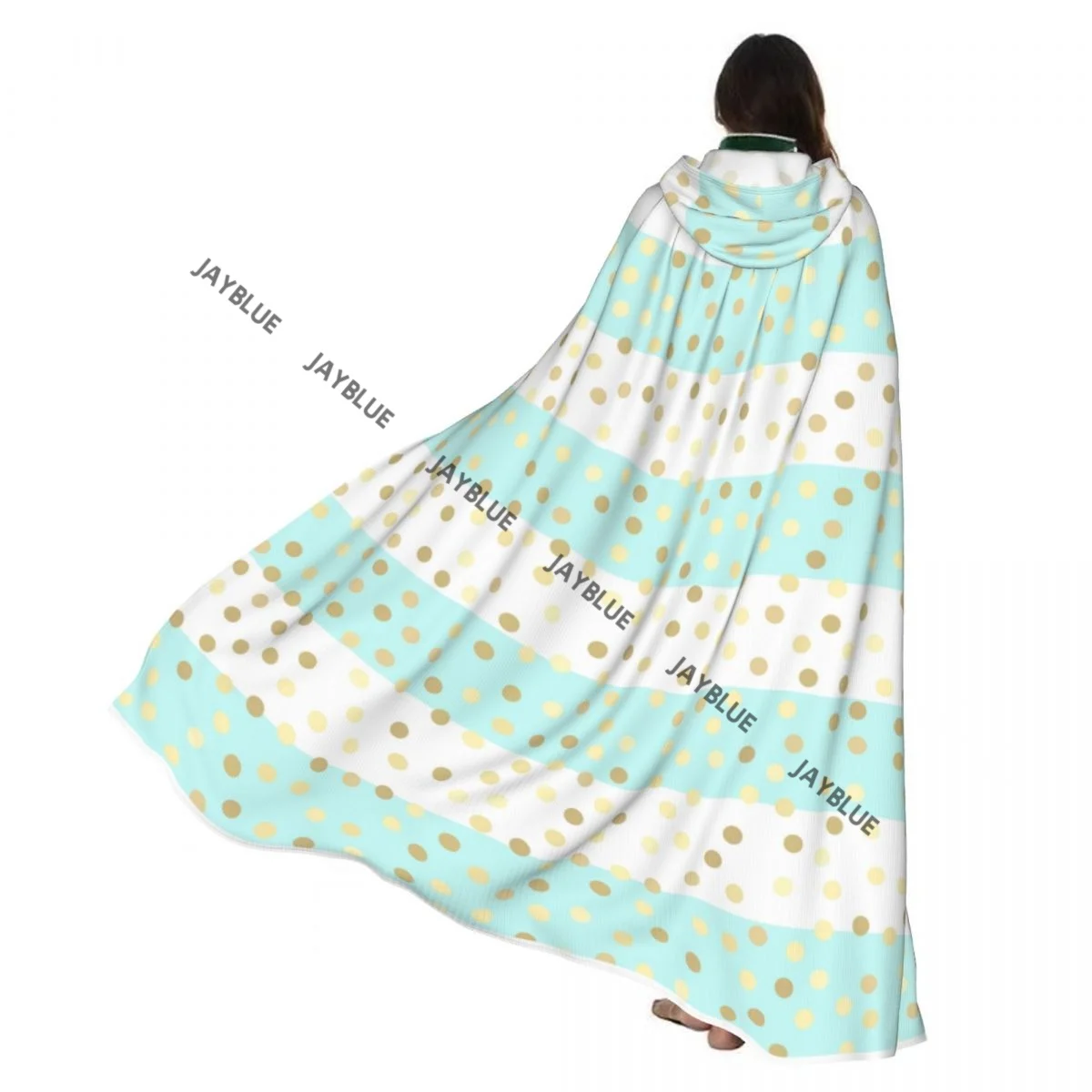 Unisex-Erwachsene Gold glitzernde Tropfen auf türkisfarbenen und weißen Streifen Umhang mit Kapuze Langes Hexenkostüm Cosplay
