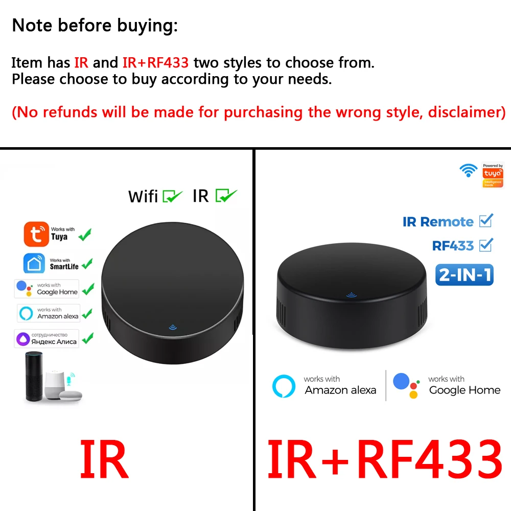 Tuya WiFi Universal Infrared IR RF433 Remote Control 2 in 1 Smart Home Controller for TV DVD AUD Voice Works with Alexa Google