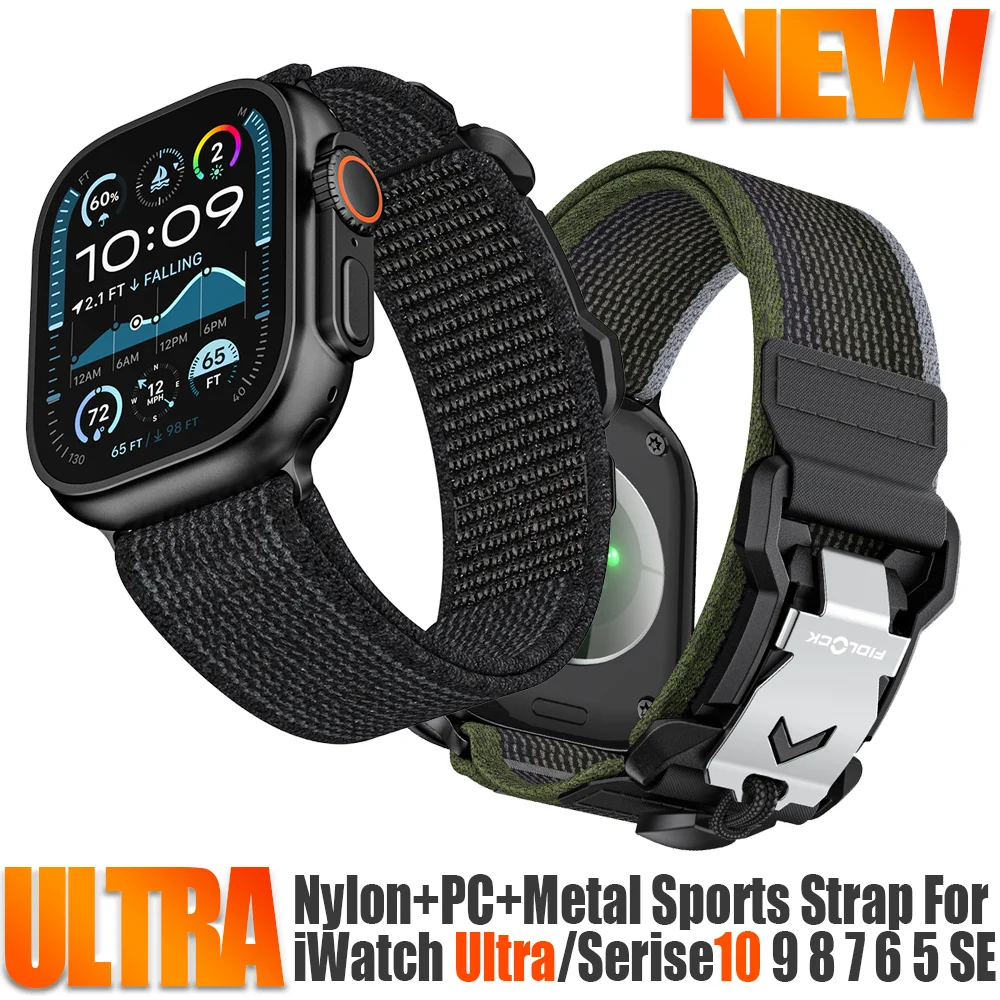 Cinturino sportivo da uomo per Apple Watch Ultra49mm Serie 10 46mm Nylon + PC + cinturino in metallo per iWatch 9 8 7 6 5 4 SE 45mm 44mm cinturino