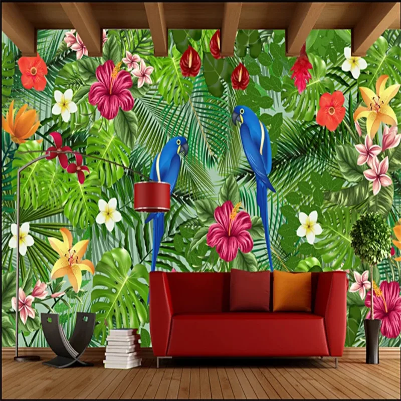 

Custom Hand Drawn Parrot Tropical Plants Wall Painting Mural 3D Living Room Bedroom Decor Wallpaper 3D Wall Papers Home Decor