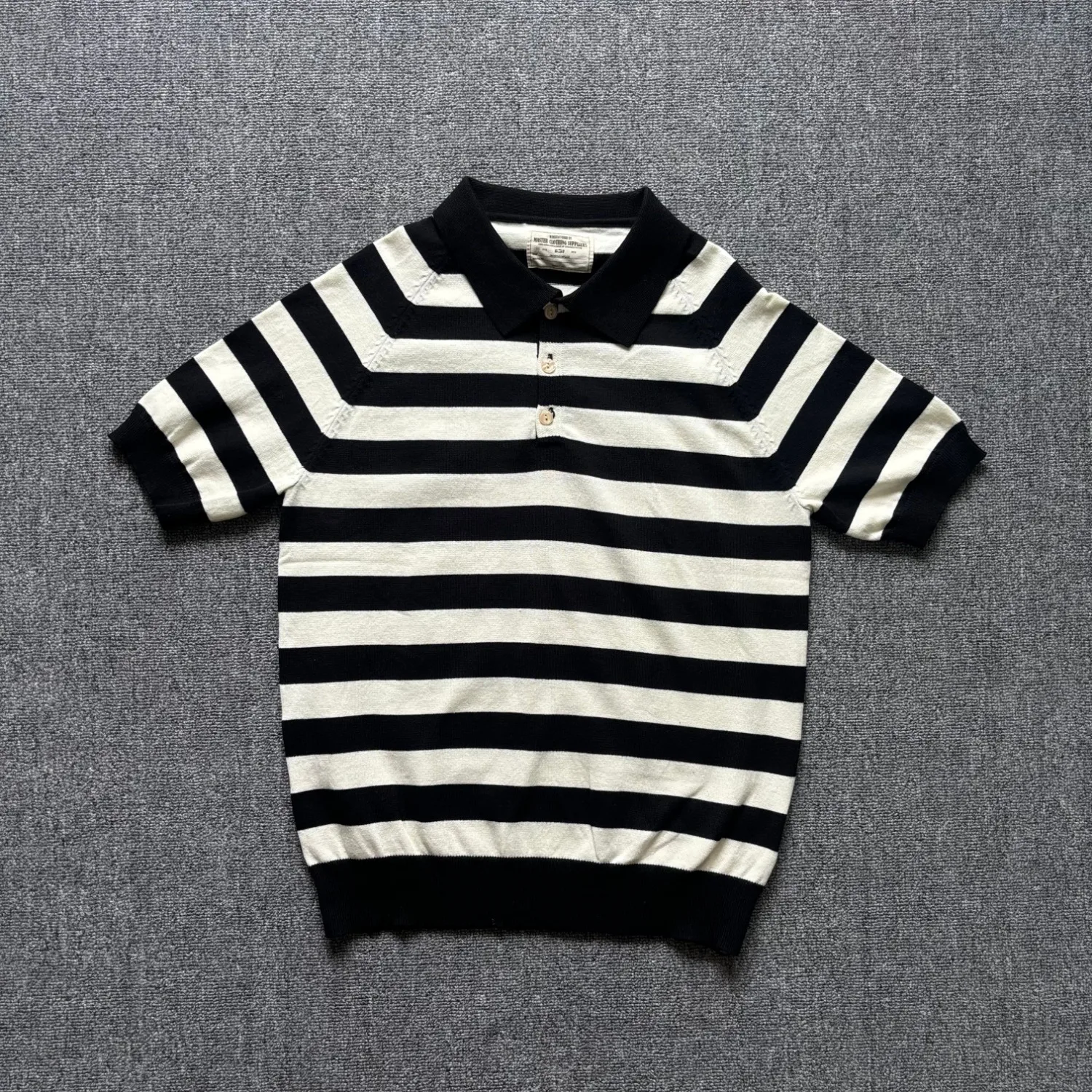 Retro contrasting heavyweight horizontal striped knitted POLO shirt summer men's business casual commuting short-sleeved T-shirt