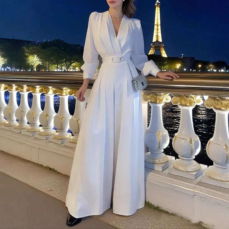 

Elegant Women Corset Guest Wedding Jumpsuit Chic Celebrity V Neck Wide Leg Pants Loose Folds Party Evening Romper One Pieces