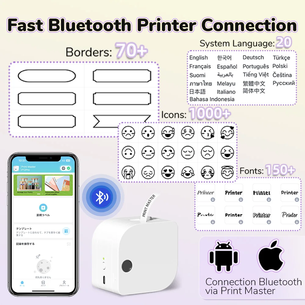 Imagem -03 - Impressora Inkless Bluetooth Portátil Phomemo Phomemo Label Maker Impressora Recarregável com Fita Ícone de Modelo Múltiplo para Escritório e Casa 12 mm