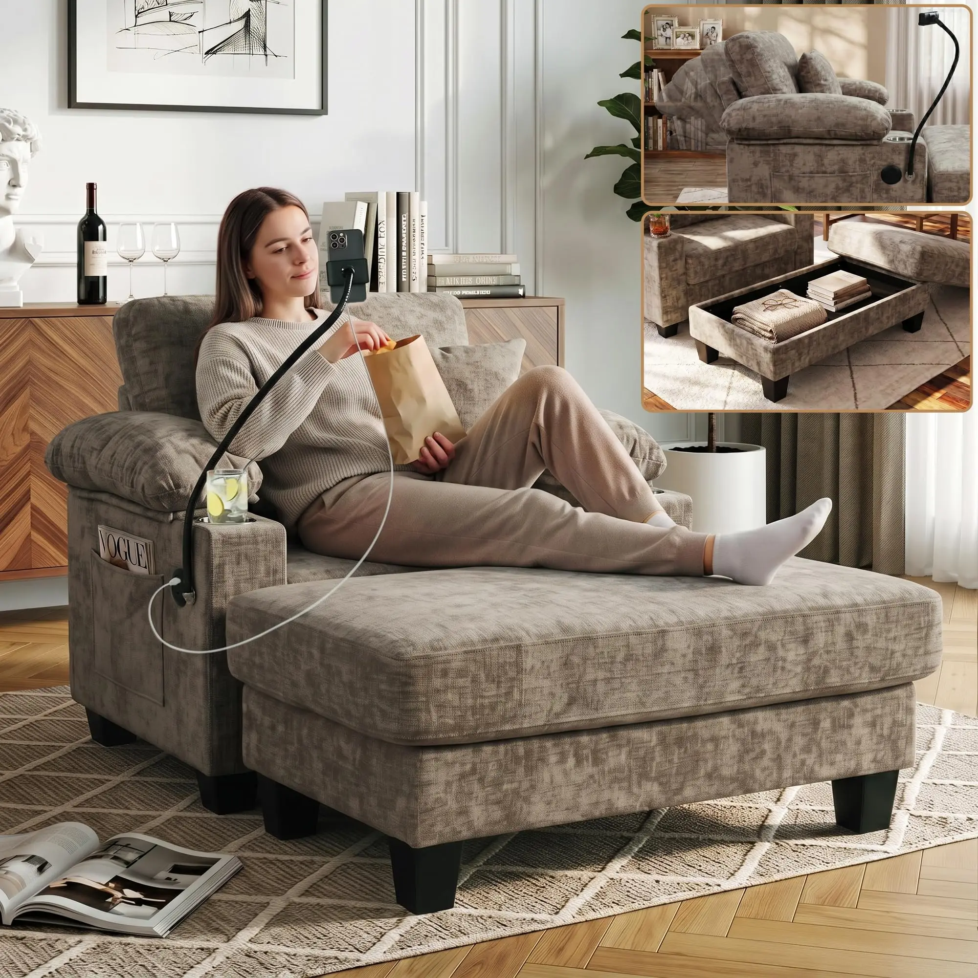 Chaise Lounge Chair with Adjustable Backrest, Ottoman & Phone Stand | Reading Lounge Chair for Small Space, Bedroom