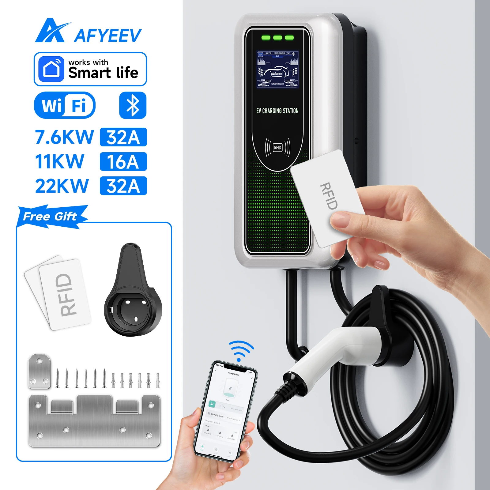 AFYEEV Typ2 EV Ladegerät 32A 7,6 KW Ladestation Auto Ladegerät 11KW 22KW 3Phase EVSE Wallbox APP Bluetooth WiFi Fernbedienung
