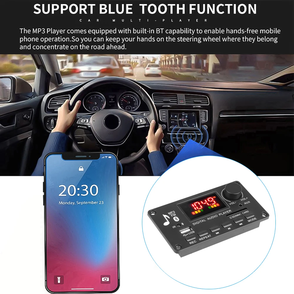 DC 5V-26V Bluetooth MP3 Decoder Board 80W Amplifier Wireless Car Music Mp3 Player Handsfree Call Recording Module FM Radio