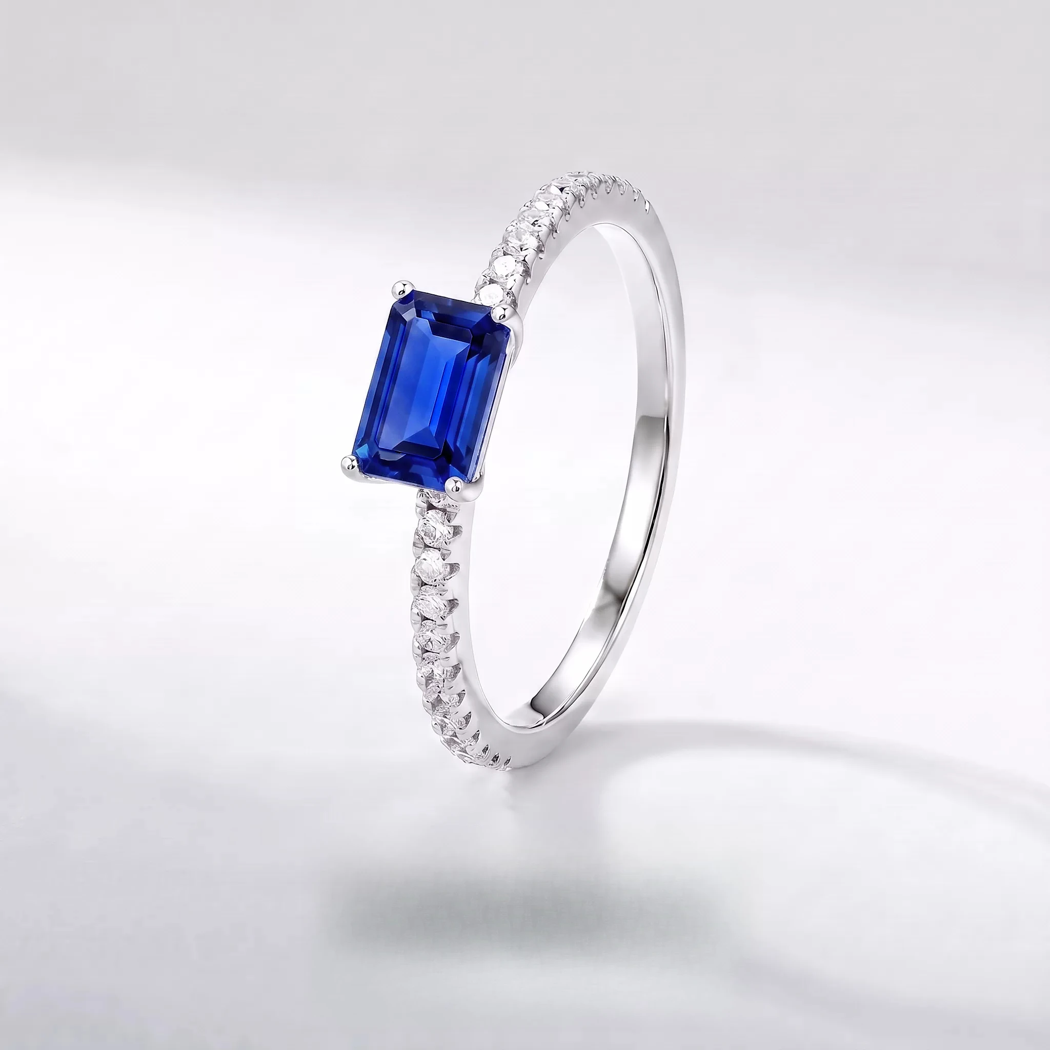 S925 Silver Ring 4*6mm Emerald‑Cut Blue Lab‑Created Gemstone Pave Band Ring Minimalist Engagement Fine Jewelry Women Gift