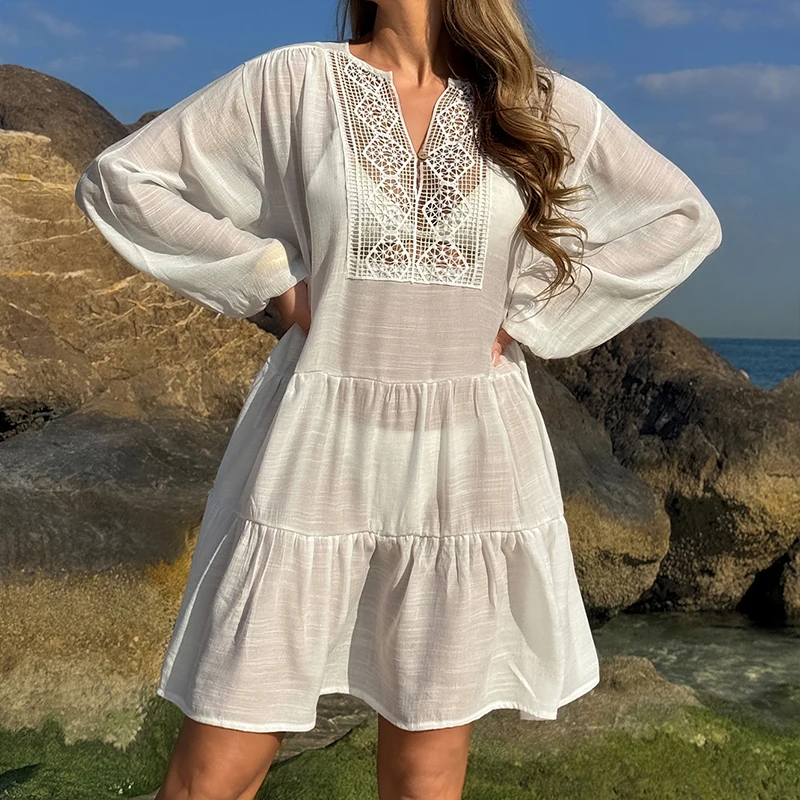 New Style Knitting Sexy Hollow Out Bikini Cover-Ups Women Beach Holiday See-Through Short Sleeve Loose Beachwear Sunscreen Smock