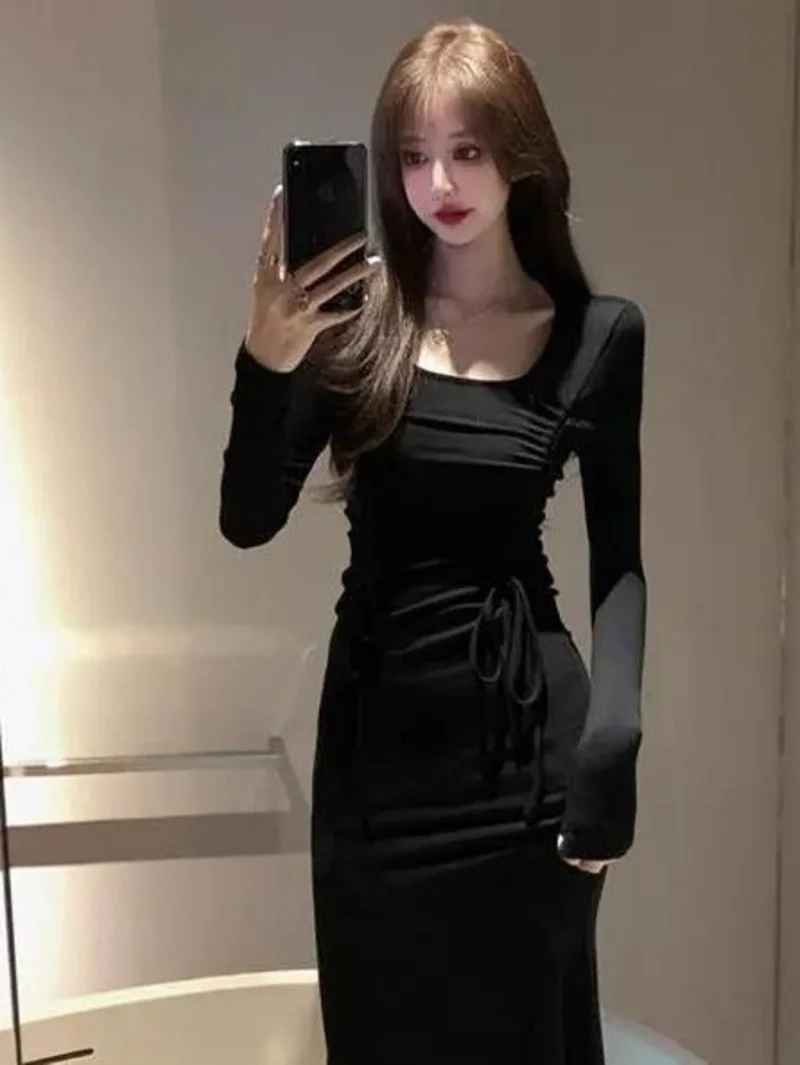 

Spicy Girl Royal Sister Dress 2024 Autumn New Fashion Women's Dress Sexy temperament Slim fit Black long fishtail skirt K5QK