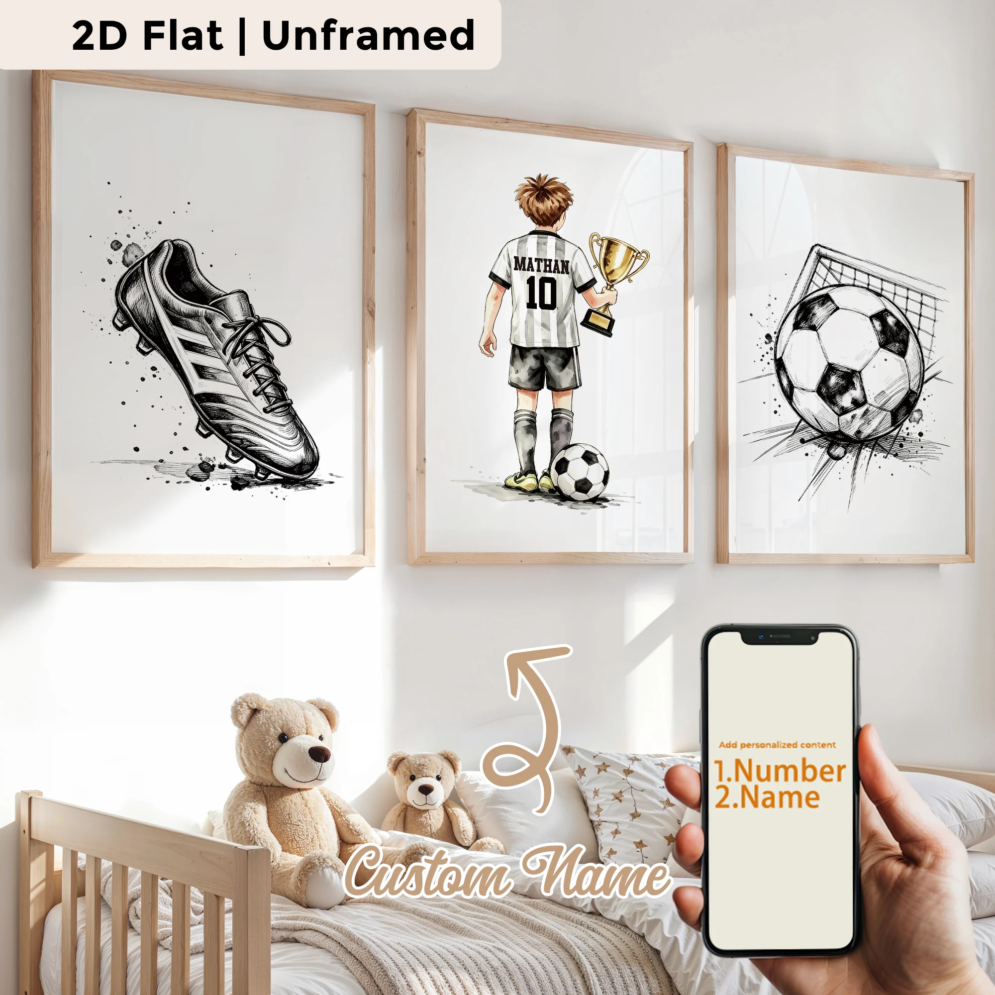 3pcs Personalized Custom Name Soccer Boy Wall Art Print Picture Canvas Poster Painting For Living Room Home Decor