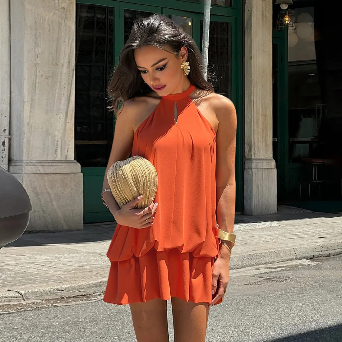 Women's Lace-Up Halter Sleeveless Backless High-Waist Ruffled Tierred Mini Dress, Solid Color, Sexy