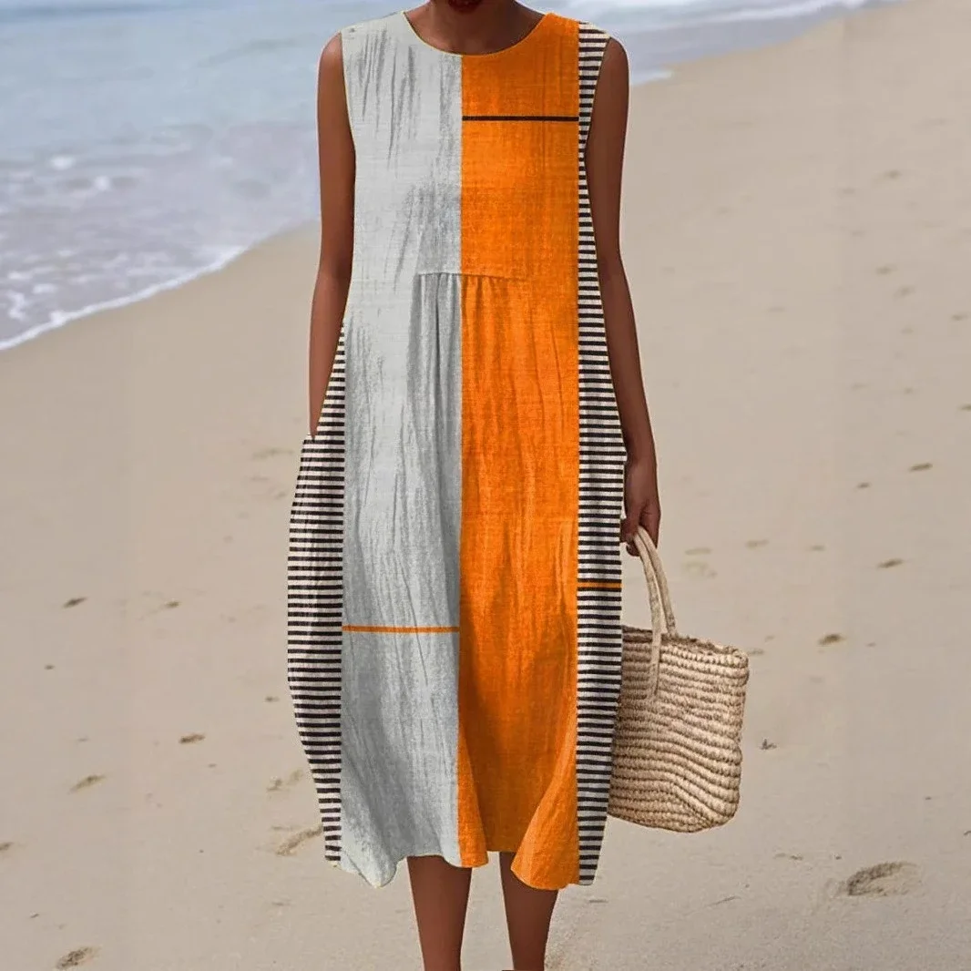 Fashion Print Pocket Pleated Long Dress Women's Loose Boho Dress Summer Sleeveless Casual Beach Dresses Vestido