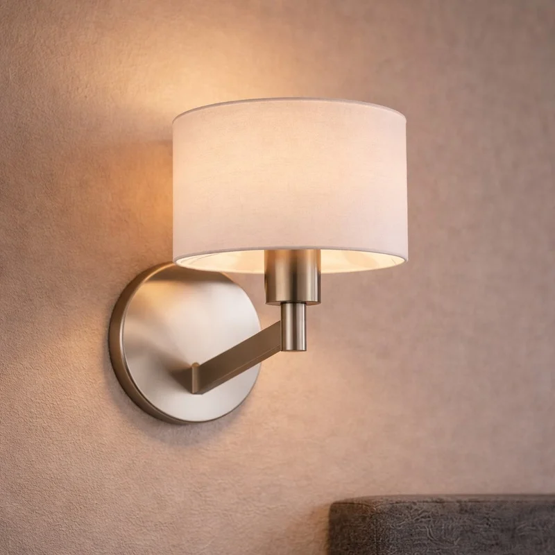 

Wall Lamp with Brushed Nickel Base and White Fabric Shade, Rotary Switch