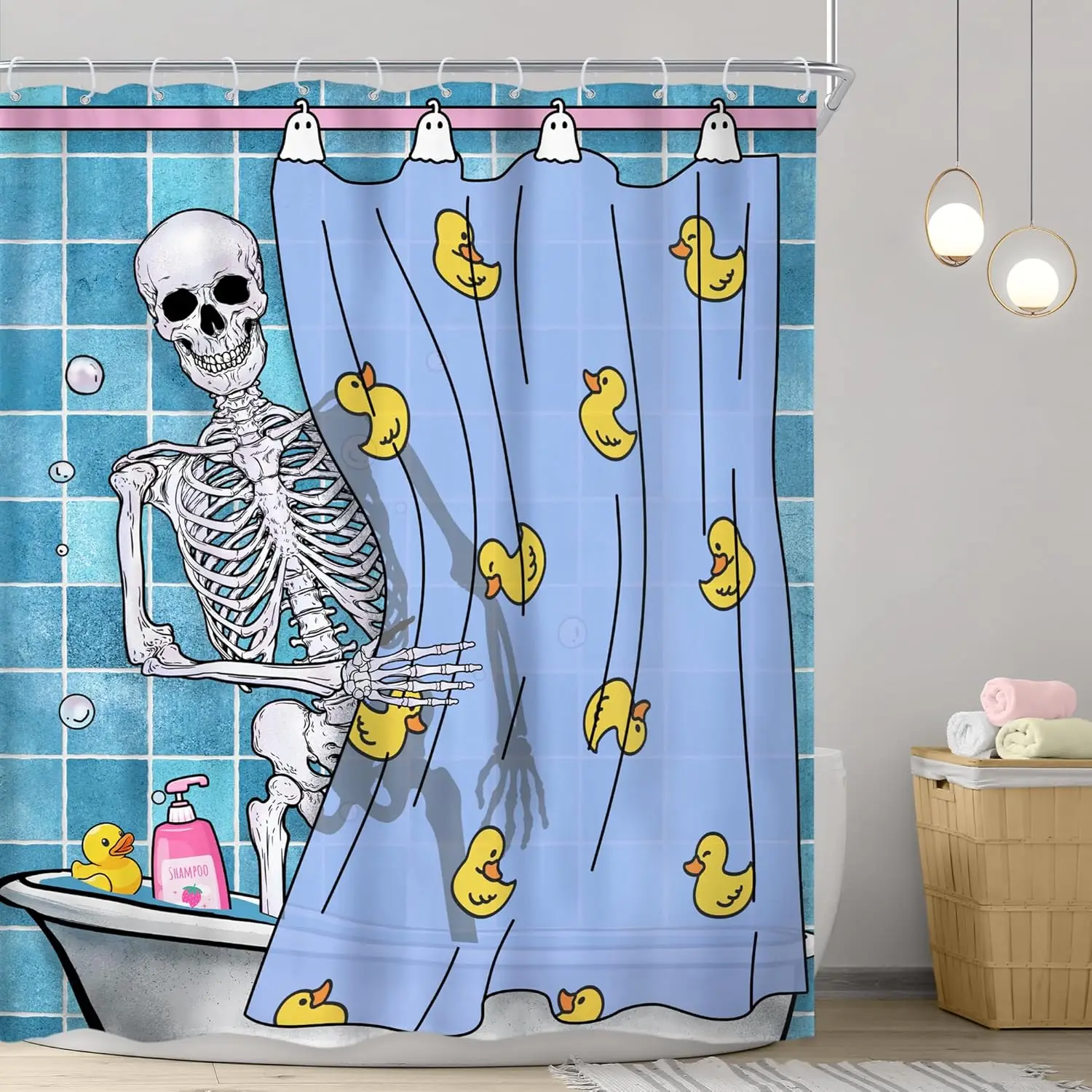 

Riyidecor Funny Gothic Skull Shower Curtain 60Wx72H Inch Kids Spooky Skeleton in Bathtub Bathing Rubber Duck Cool Hilarious