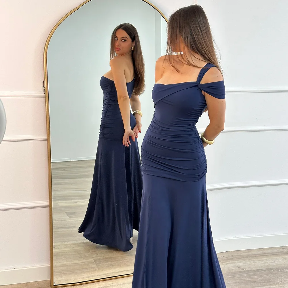 

Navy Blue Women Prom Dress Sexy One Shoulder Sleeveless Long Sheath Party Gown Summer Ruffles Formal Red Carpet Robe Skirt