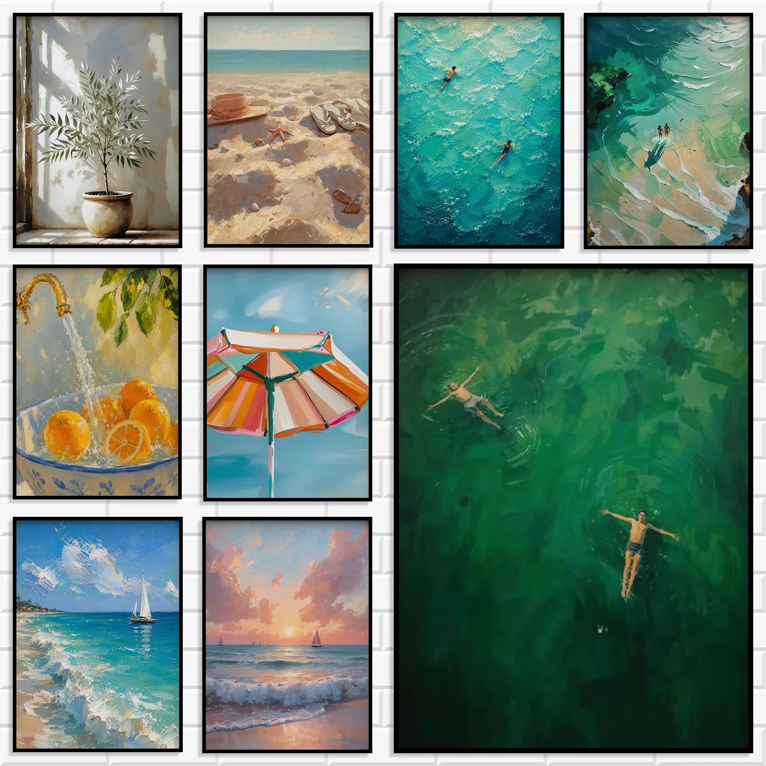 Summer Coastal Beach Wall Art Prints Set, Ocean Underwater Swimming Seaside Sailboat Canvas Posters Home Living Room Wall Decor
