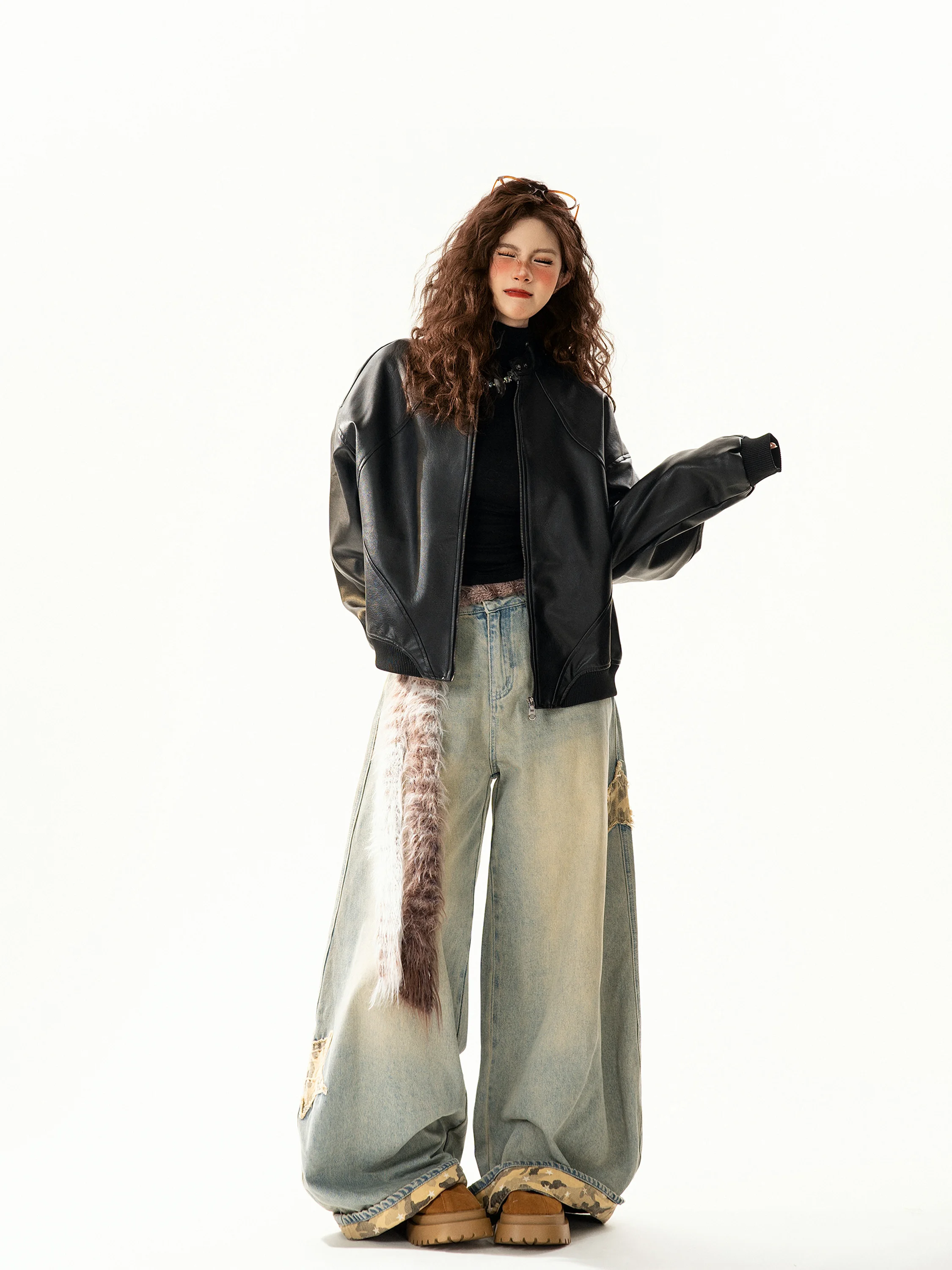 

Retro American Design PU Leather Jaet Women Loose Fit Stand Collar Outerwear Trendy Autumn New Sle Versatile Ladies Coat