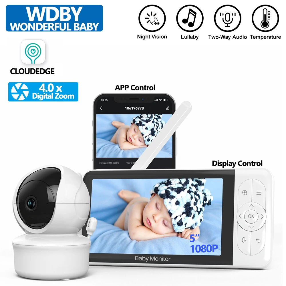 5 Inch Baby Monitor 1080P 4x Zoom PTZ Cam Two-way Intercom Night Vision Baby Nanny Wireless Temperature Detection Baby Monitor