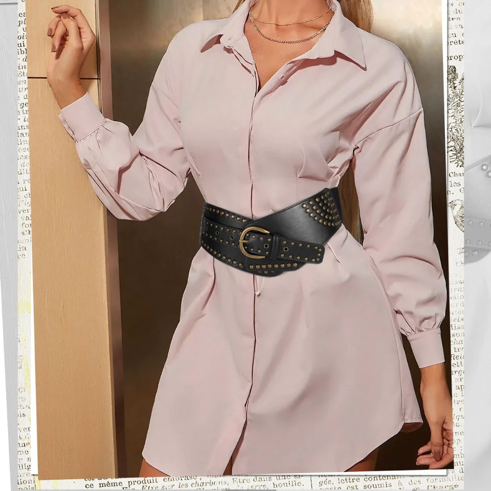Women Vintage Wide Elastic Belt Rivets Studded Stretchy Waist Belt with Metal Buckle
