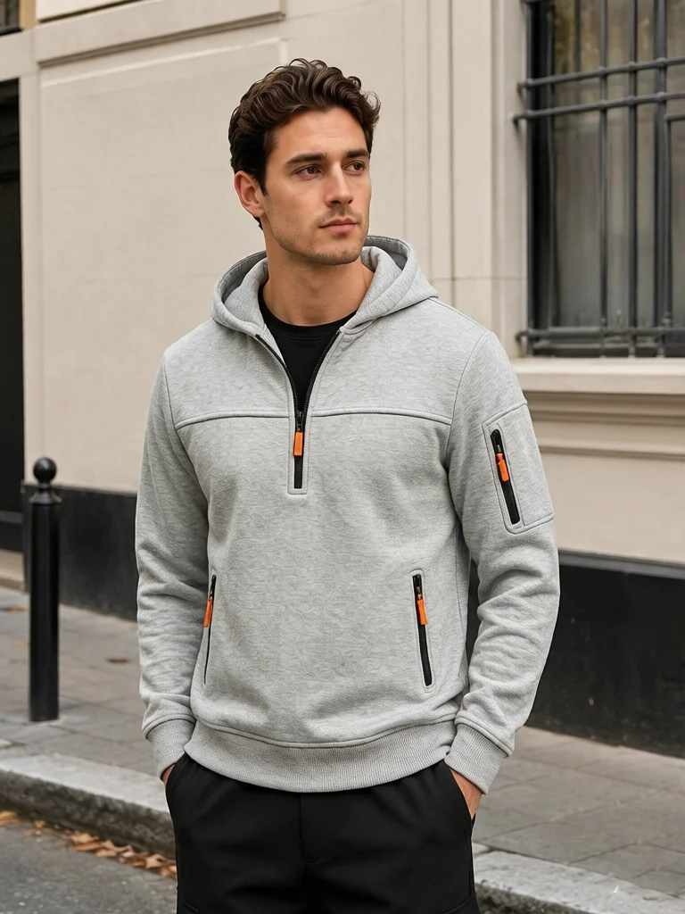 Men's plus Size Casual Sports Hoodie Long-Sleeved Pullover Solid Color Spring Autumn Fashion with Arm Pocket And Pull Rope