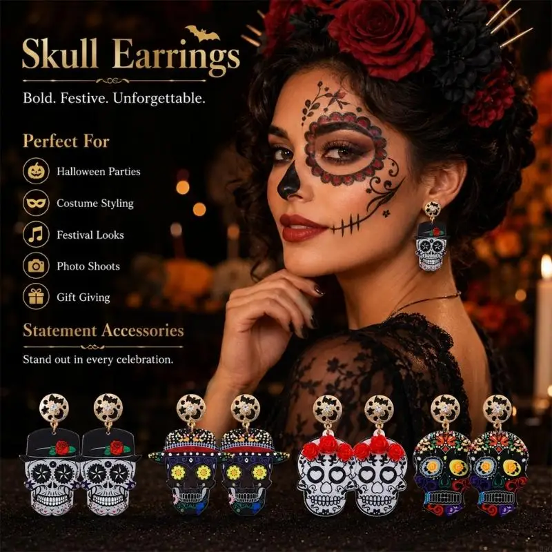 195C Acrylic Halloween Skull Dangle Drop Earrings Pair, Statement Jewelry for Costume Parties, Theme and Spooky Looks