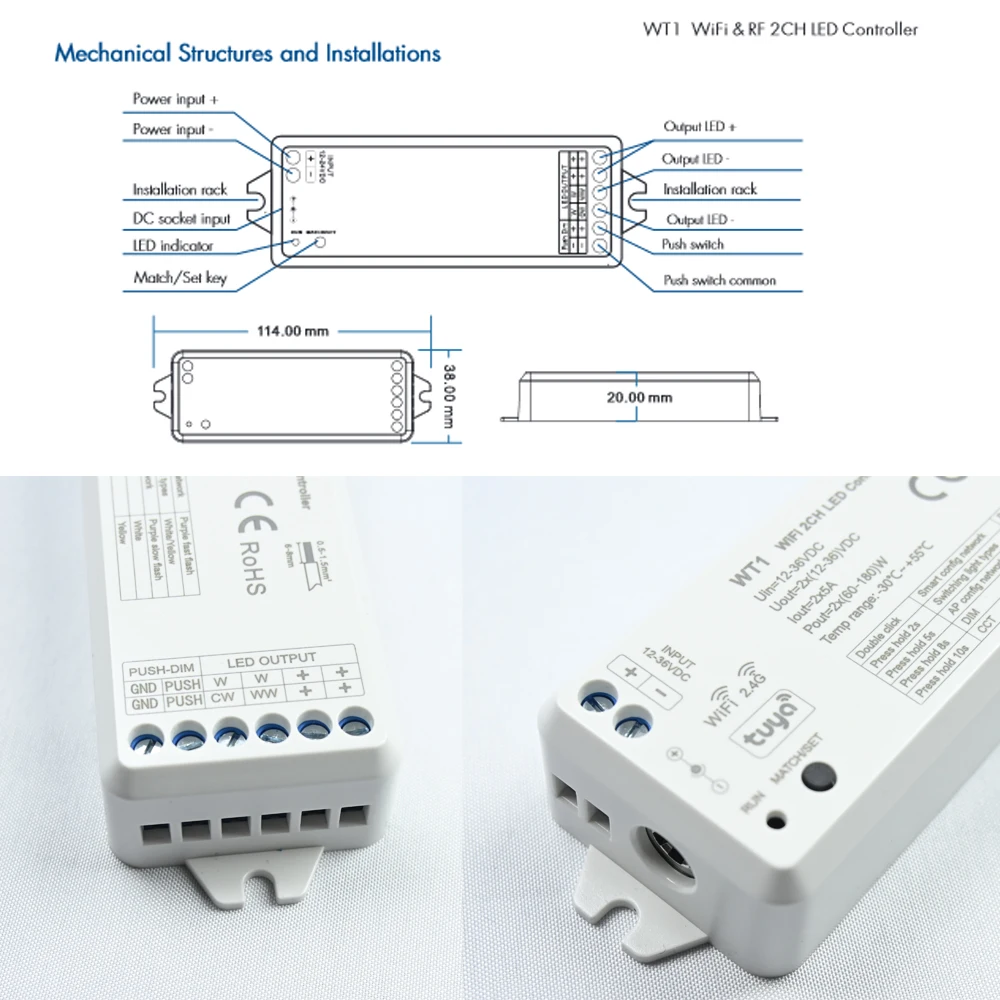 Imagem -06 - Tuya-kit Controlador de Escurecimento Remoto sem Fio Controle Dimmer Led Inteligente Wi-fi rf 2.4g 2ch 12v 24v Google Alexa