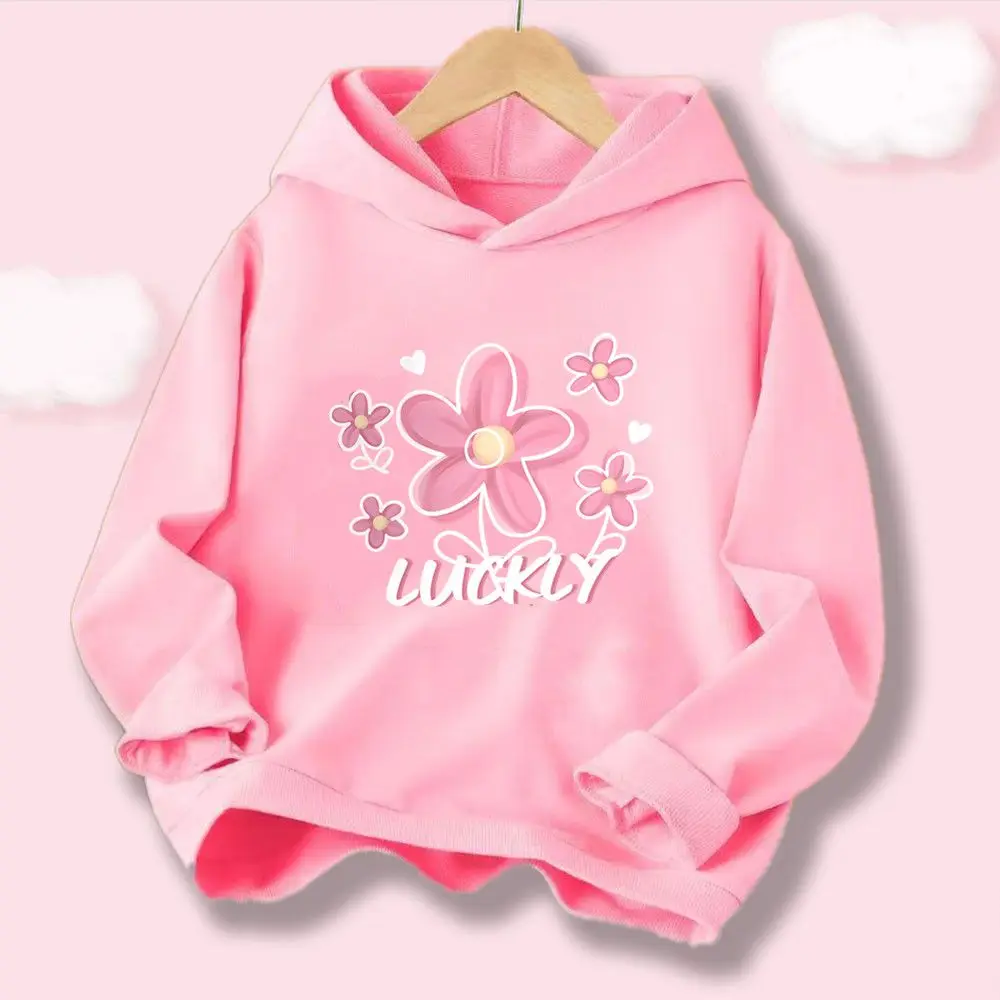 Mädchen-Hoodie mit süßem Blumen- und Herz-Motiv sowie dem Aufdruck „LUCKLY“, leichtes, nicht gefüttertes Sweatshirt für Kinder, ideal für Frühling und Herbst.