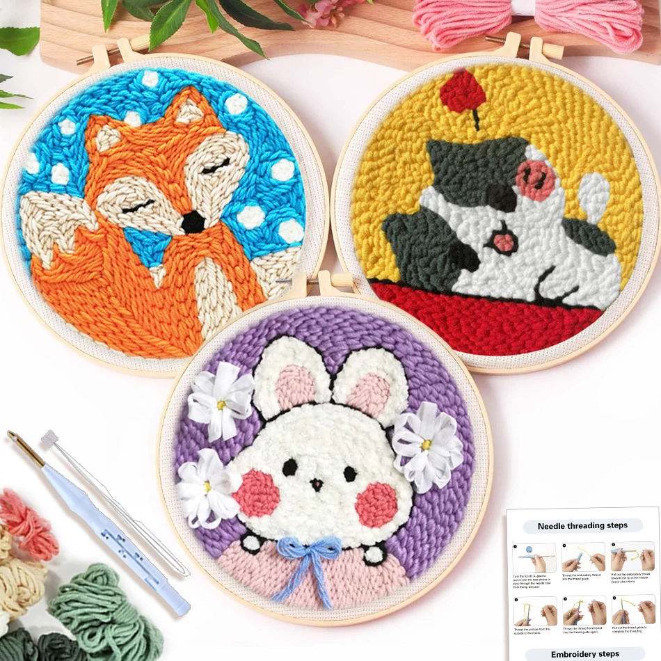 

DIY Punch Needle Kit with Yarn Animal Pattern Starter Kit Magic Tufting Embroidery Set Poking Yarn Painting Arts For Home Decor