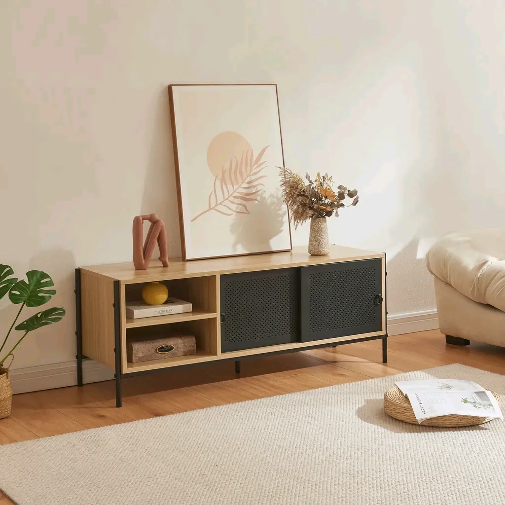 

！@Combohome Modern Black Wooden Metal TV Stand TV Cabinet Living Room Furniture