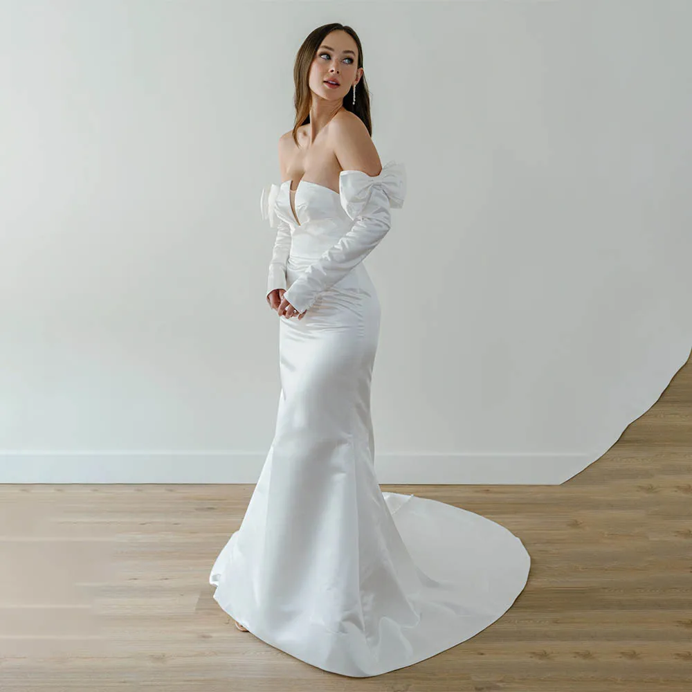 Modern V-neck Satin Mermaid Wedding Dresses Detachable Long Sleeves Sweep Train 2024 Vestido De Noival