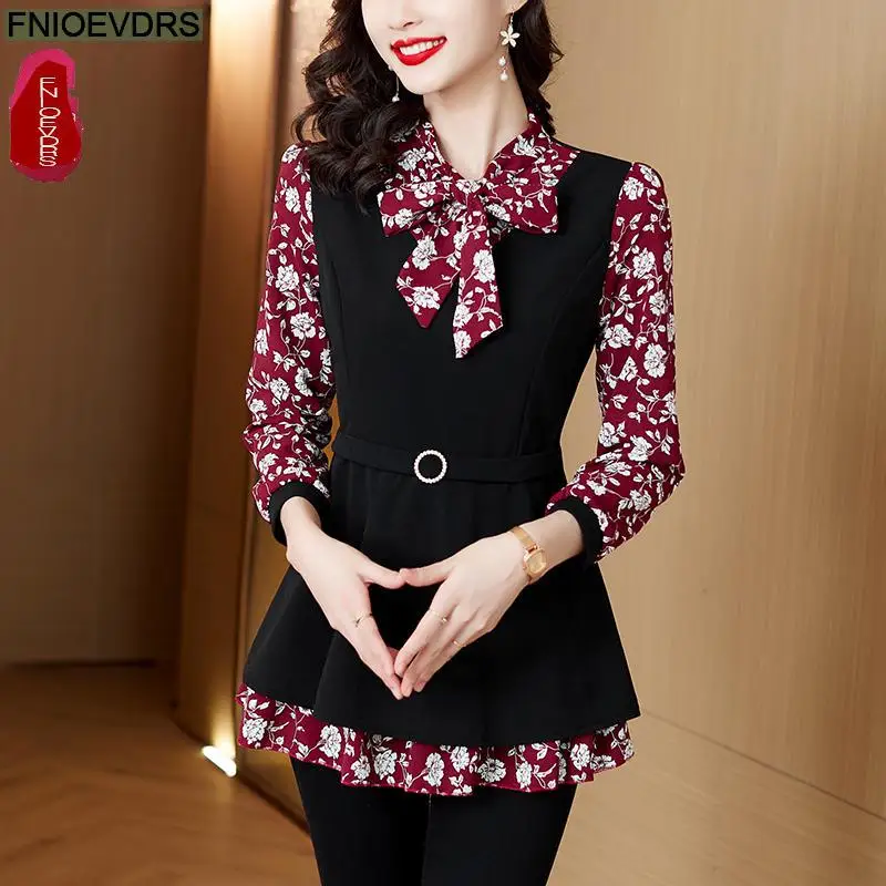 M-5XL Women Elegant Office Lady Retro Vintage Loose Peplum Bow Tie Ruffle Top Flower Floral Print Long Tunic Basic Shirt Blouses