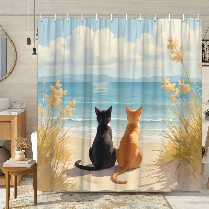 1pc Tranquil Ocean & Cat Scene Shower Curtain - Soft Polyester, Realistic Beach & Cats Design, Includes 12 Hooks, 70x70 Inch Bat