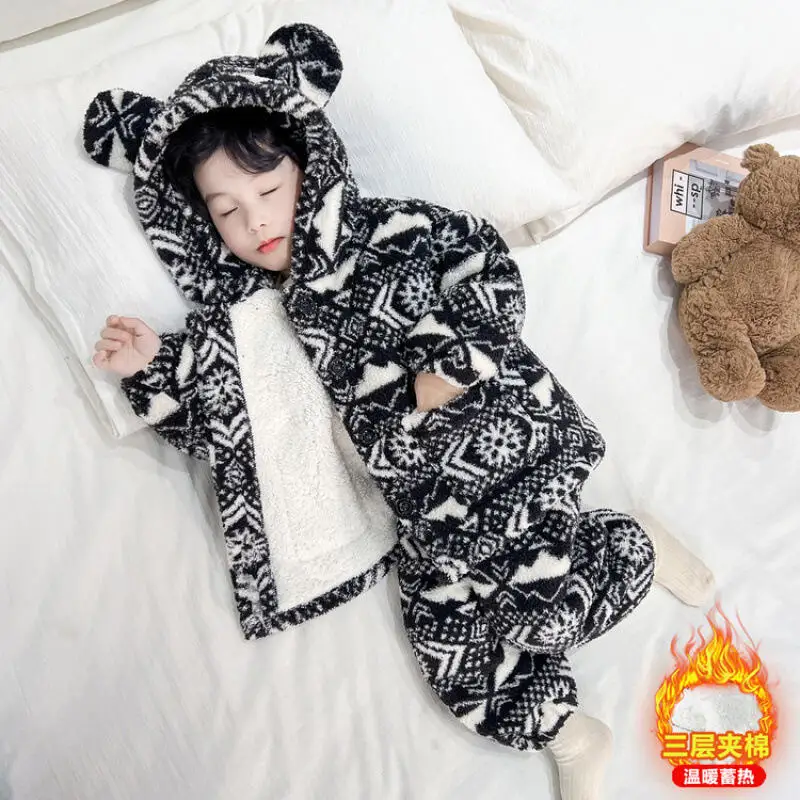 الشتاء القطن وسادة مبطنة السراويل قطعتين مجموعة الصبي هوديي القمم الطفل Kawaii موضة جديدة نمط ملابس منزلية غير رسمية منامة الملابس