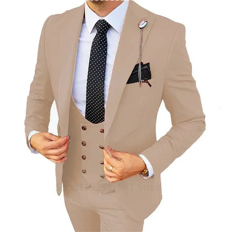 Costume de Mariage Formel 3 Pièces pour Homme, Smoking de Marié Imbibé, Coupe Cintrée, Tenue d'Affaires, Champagne, Zone Me (Blazer + Pantalon + Glasure)
