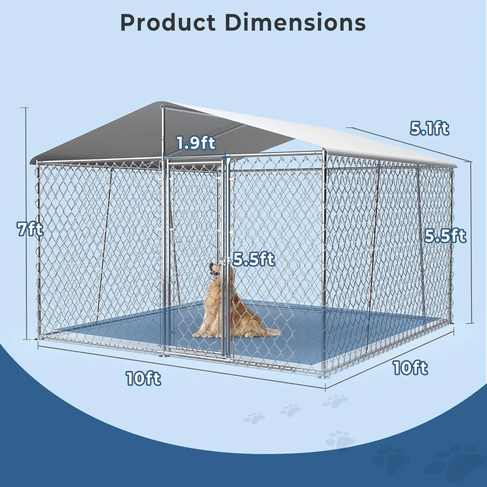 10×10FT Outdoor Dog Kennel with Cover Roof, Extra Large Dog Run House Pen Enclosure with Side Rod,Heavy Duty Chain Link Dog Cage