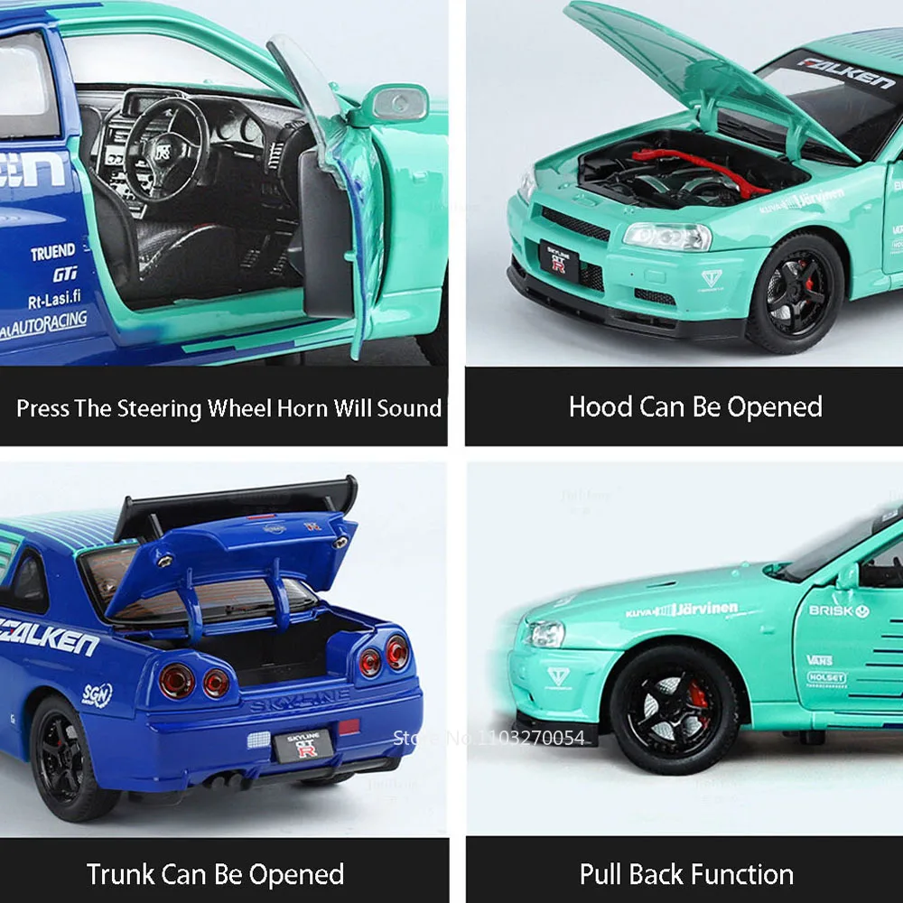 SKYLINE GTR R34 1:24, modelos de coches de juguete, aleación fundida, coche deportivo, sonido, luz, puertas extraíbles, adornos de vehículos abiertos para regalos de niños