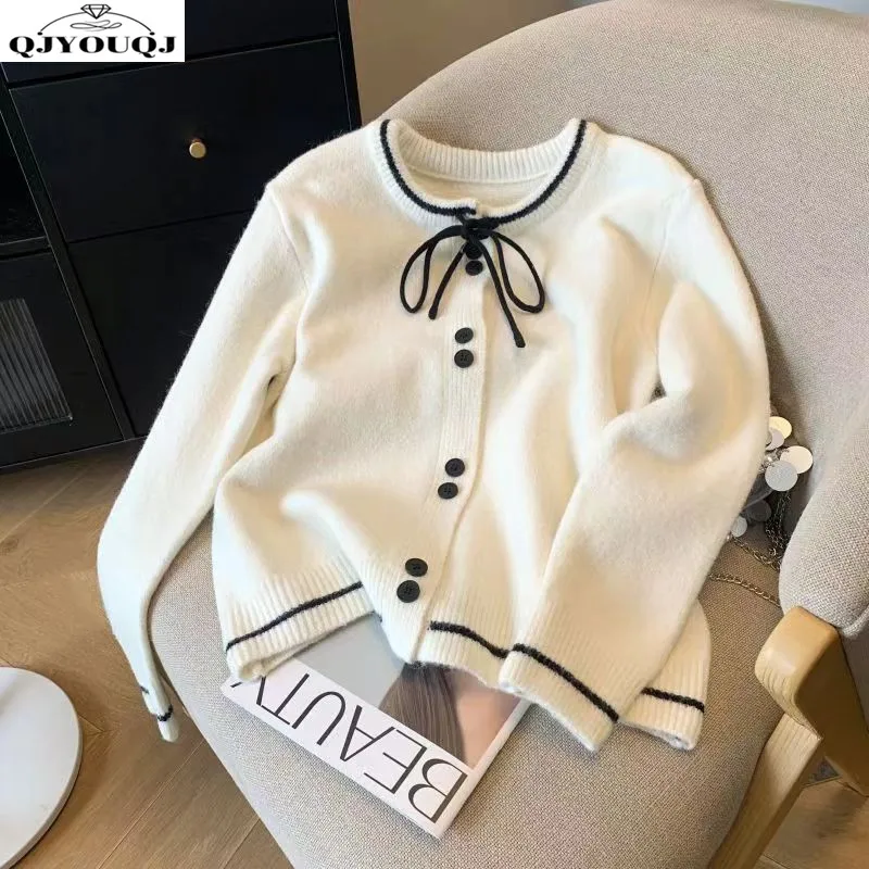 

2024 autumn and winter Korean loose bow cardigan sweater slim knit sweater