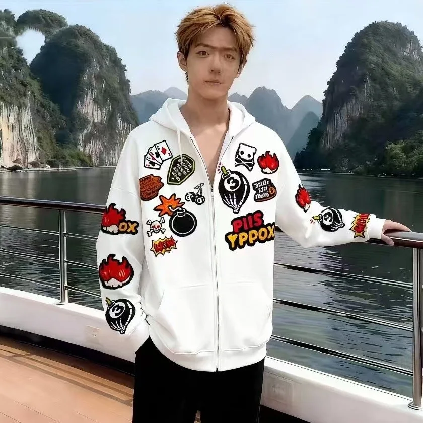 

Утепленная толстовка с вышивкой, весенне-осенняя, в американском стиле, повседневная, уличная мода, свободный крой, для пар