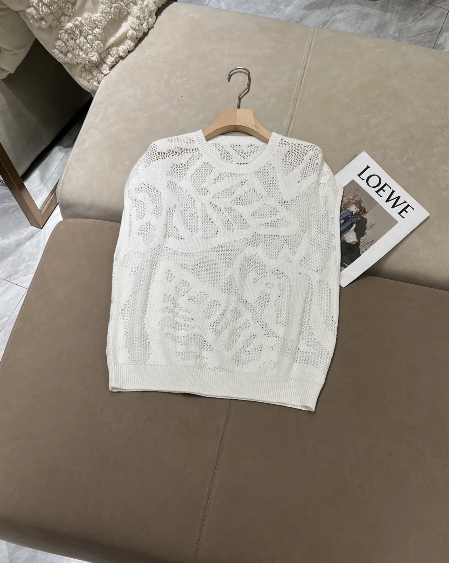Cotton Openwork Knit Sweater Sleeveless Pullover Sequined Vest