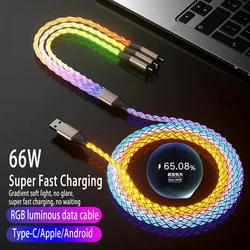 66W 3 IN 1 Flow Luminous Cable 6A Fast Charging Cable USB Type C Cable Micro USB Cable RGB LED USB C Data Cable