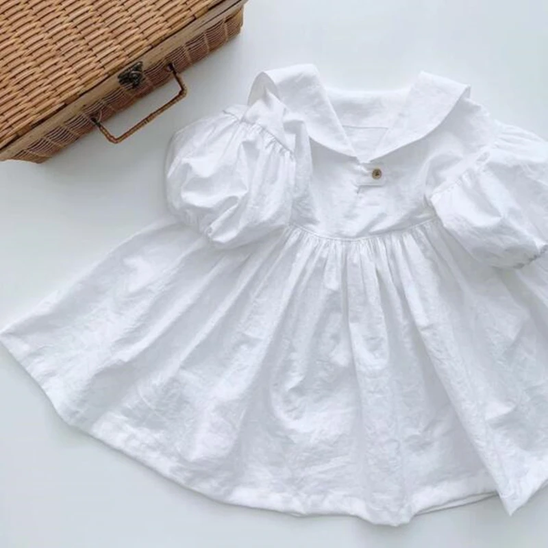 Kids Clothes Girls Dresses Spring Summer Puff Sleeve Sailor Collar Dress for Babies Solid Cotton Linen Young Children\'s Clothing